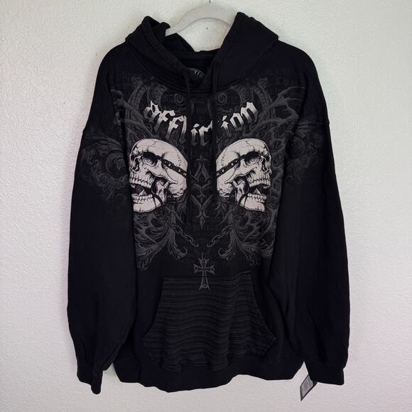 Affliction Hoodie Mens 2XL Skeleton Skull Graphic Pullover Gothic Grunge NEW - Picture 1 of 12